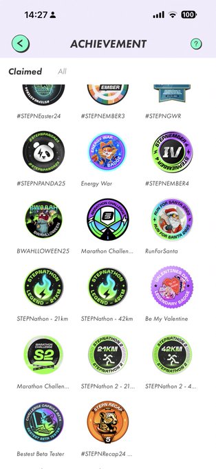 A mobile app screen showing an 'ACHIEVEMENT' page with various claimed badges including #STEPNEaster24, #STEPNEMBER3, #STEPNGWR, #STEPNPANDA25, 'Energy War', #STEPNEMBER4, 'BWAHLLOWEEN25', 'Marathon Challenge', 'RunForSanta', 'STEPNathon - 21km', 'STEPNathon - 42km', 'Be My Valentine', and more STEPN-related achievements.
