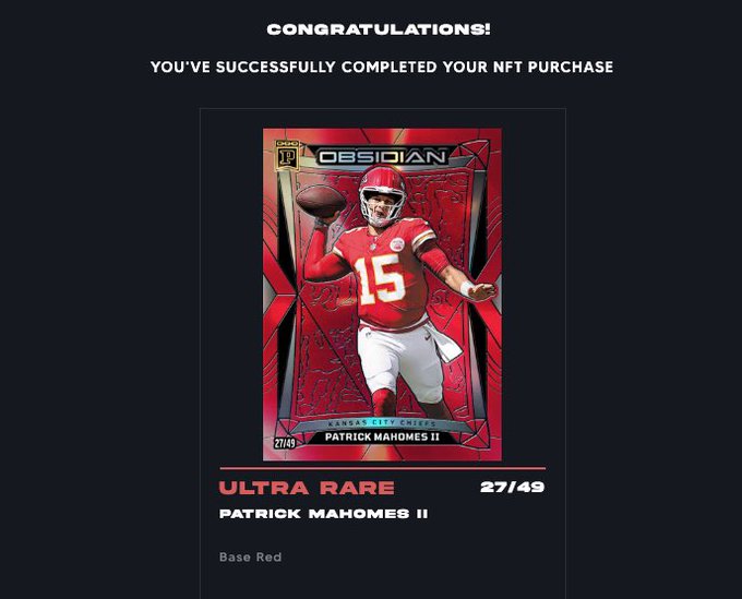 A 'Congratulations! You've successfully completed your NFT purchase' confirmation for an 'Ultra Rare' Panini Obsidian Patrick Mahomes II card (27/49, Base Red).