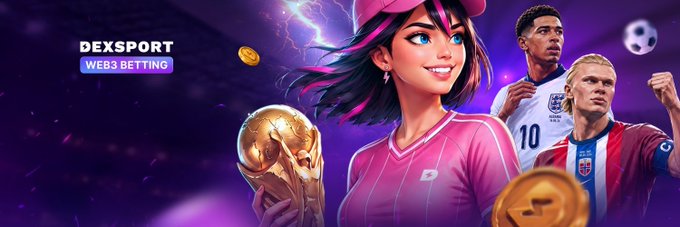 A promotional banner for 'DEXSPORT WEB3 BETTING' featuring an animated woman holding a golden trophy alongside football players, including one wearing a #10 jersey.