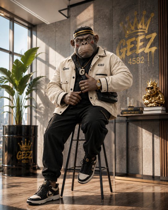 A photorealistic image of a monkey dressed in streetwear (white jacket, black pants, and sneakers) sitting on a stool in front of a wall branded with 'GEEZ 4582' and a golden crown logo.