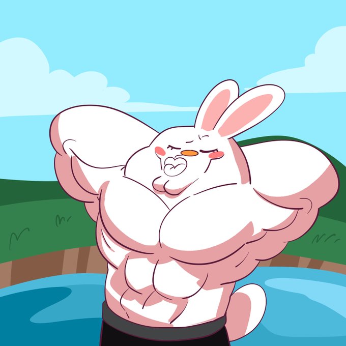 A buff, cartoon rabbit flexes its exaggerated muscles with a smug, confident expression while standing near a body of water. The image's theme of strength and unwavering focus aligns with the post's message to concentrate on $BUNI rather than being distracted by other tokens.