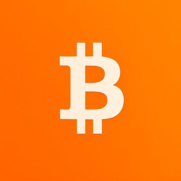 The image features the Bitcoin (₿) logo in cream/white against a solid orange background. The post's quote positions Bitcoin as the singular credible solution to global monetary issues, using the logo as a visual emblem for the cryptocurrency being championed.