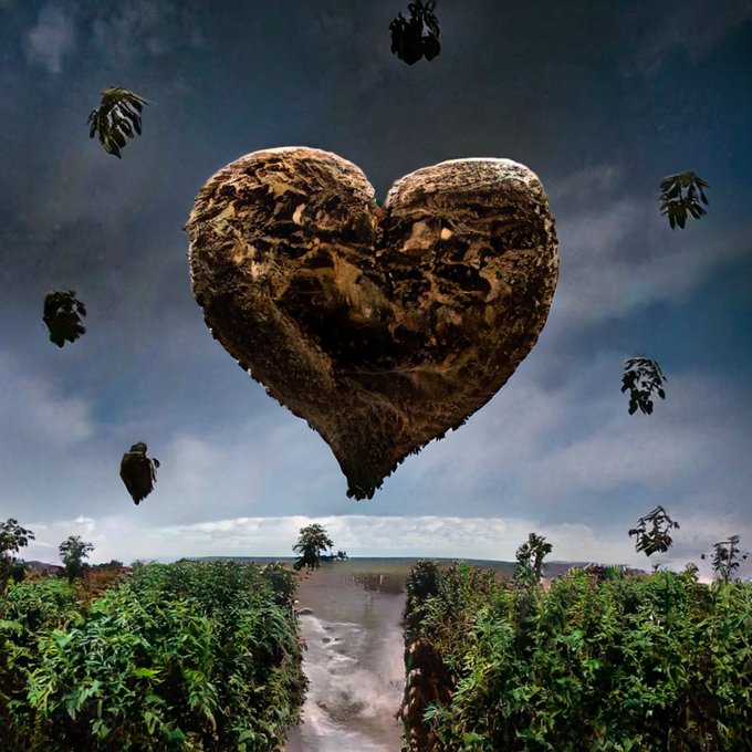 A surreal digital artwork depicting a large heart-shaped rocky landmass floating above a green landscape with scattered leaves in a cloudy sky.