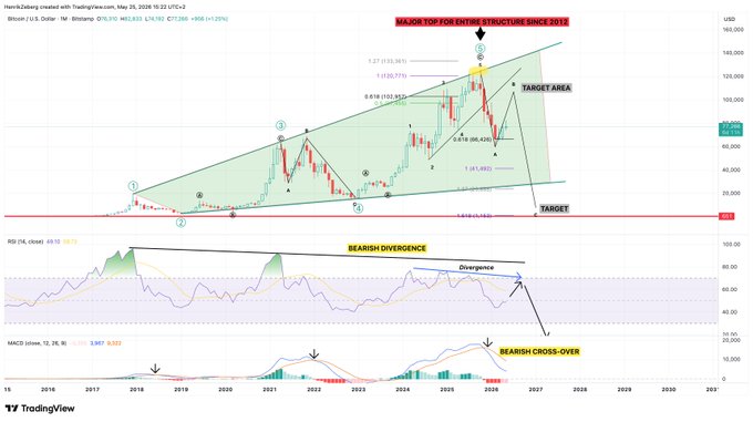 ersatz chart for the stock market, with a green triangle and red line representing the price of Bitcoin over time.