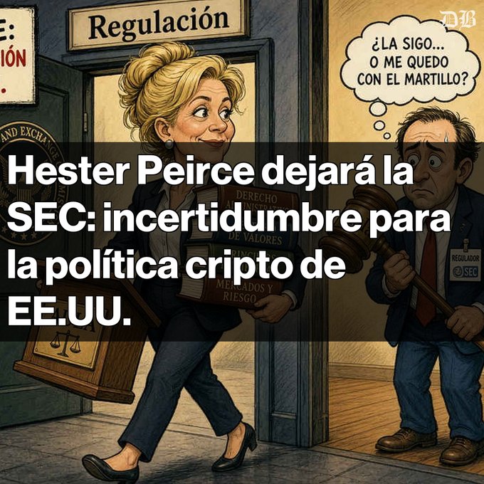 A Spanish-language news graphic with an illustration, reading 'Hester Peirce dejará la SEC: incertidumbre para la política cripto de EE.UU.,' referencing the SEC crypto regulator.