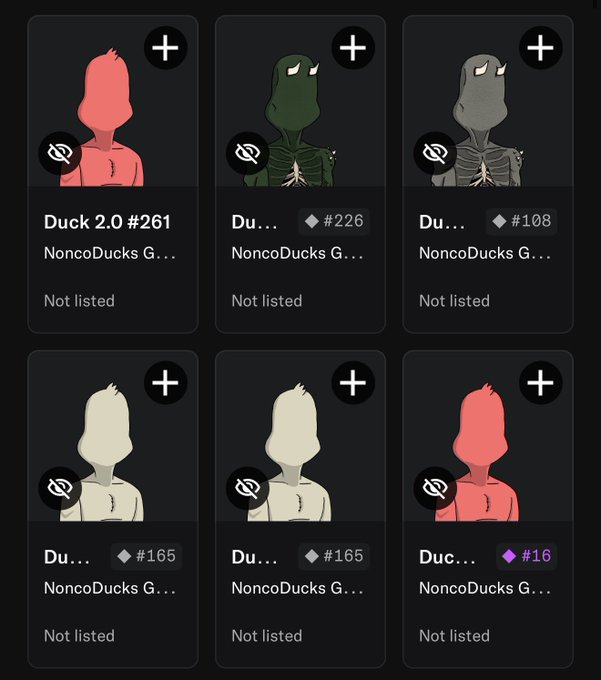 A grid of six digital collectible cards featuring stylized duck avatars in various colors (pink, green, grey, white) from the 'NoncoDucks G...' collection.