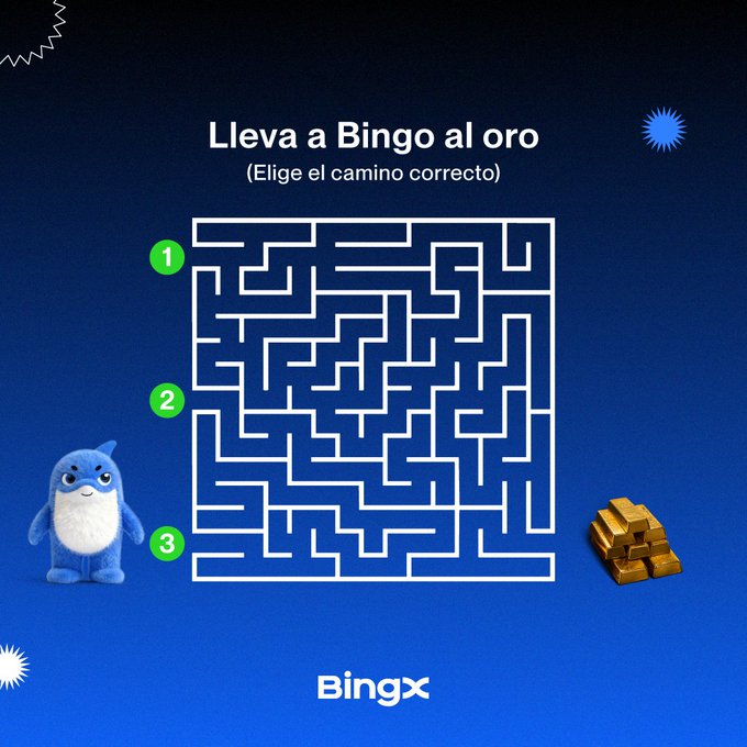 A BingX promotional graphic in Spanish titled 'Lleva a Bingo al oro (Elige el camino correcto)' showing a maze with a BingX mascot and gold bars.