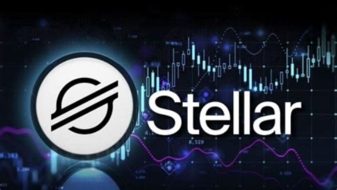 Stellar (XLM) cryptocurrency logo and name displayed against a background of candlestick price charts and graphs.