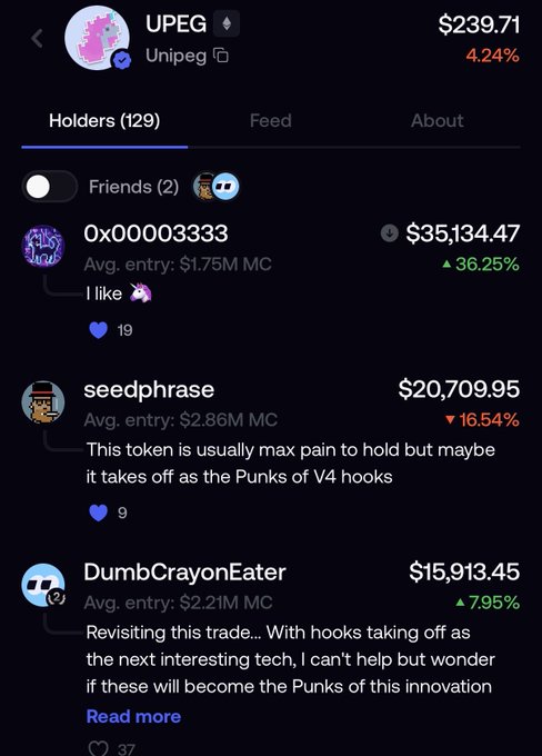A screenshot of a cryptocurrency tracking app displaying the UPEG (Unipeg) token at $239.71, showing a list of wallets including '0x00003333' with $35,134.47 holdings and other holders like 'seedphrase' and 'DumbCrayonEater' with commentary.