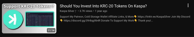 A YouTube thumbnail and title from Kaspa Silver reads "Should You Invest Into KRC-20 Tokens On Kaspa?" with 3.7k views from a year ago, supporting the post's warning that KRC-20 tokens have crashed over 77% since launch, reinforcing the advice to simply focus on holding $KAS.