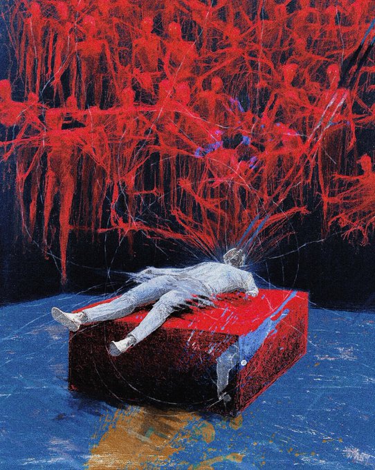 A surreal painting depicting a pale figure lying face-down on a red platform in blue water, while ghostly red silhouettes of people appear in the dark background above.