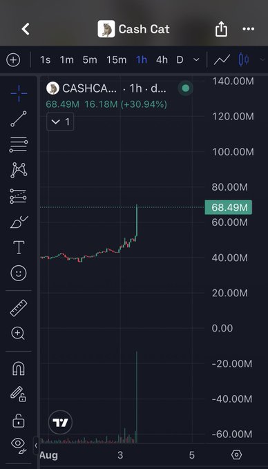 A TradingView chart of Cash Cat ($CASHCAT) showing a 1-hour timeframe with a price of 68.49M and a notable +30.94% gain over 16.18M in volume, illustrating the meme coin's sudden upward spike referenced in the post as a "Jedi mind trick."