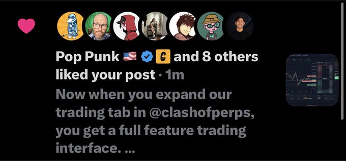 A social media notification shows that 'Pop Punk 🇺🇸 ✅ 🅒 and 8 others liked your post' from 1m ago, with a message about expanding the trading tab in @clashofperps.