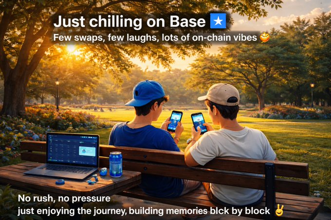 iced coffee and a laptop on a bench, with two individuals wearing baseball caps and enjoying the outdoors during sunset.
