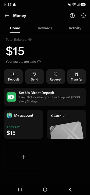 A screenshot of a mobile banking app called 'Money' showing a Total Balance of $15, with navigation tabs for Home, Rewards, and Activity, and action buttons for Deposit, Send, Request, and Transfer.