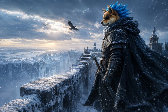An anthropomorphic fox warrior with a striking blue crystalline mohawk stands in heavy fur-lined armor on a snow-covered castle battlement, gazing out over a frozen landscape as ravens fly past in the wintry sky.