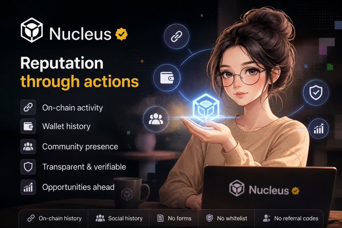 A promotional graphic for 'Nucleus' featuring the tagline 'Reputation through actions,' showing an illustrated woman holding a glowing cube with feature highlights like 'On-chain activity,' 'Wallet history,' 'Community presence,' 'Transparent & verifiable,' and 'Opportunities ahead.'