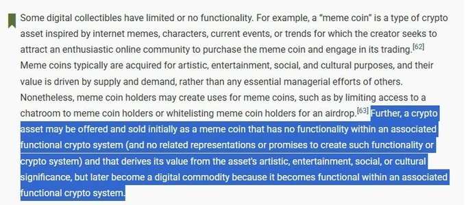 A Wikipedia excerpt about digital collectibles and meme coins, with the highlighted text reading: 'Further, a crypto asset may be offered and sold initially as a meme coin that has no functionality within an associated functional crypto system (and no related representations or promises to create such functionality or crypto system) and that derives its value from the asset's artistic, entertainment, social, or cultural significance, but later become a digital commodity because it becomes functional within an associated functional crypto system.'