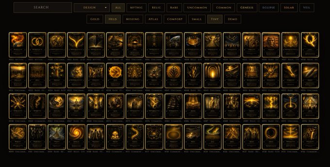 A digital card collection interface displays rows of fantasy-themed cards under filter categories like 'MYTHIC', 'RELIC', 'RARE', and 'GENESIS'.