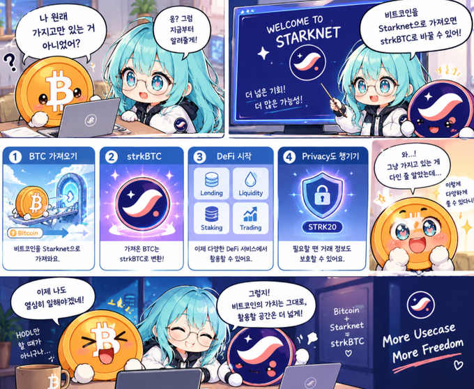 A comic-style infographic in Korean explaining Bitcoin and Starknet (strkBTC), featuring an anime-style character and explaining features like DeFi services and privacy.