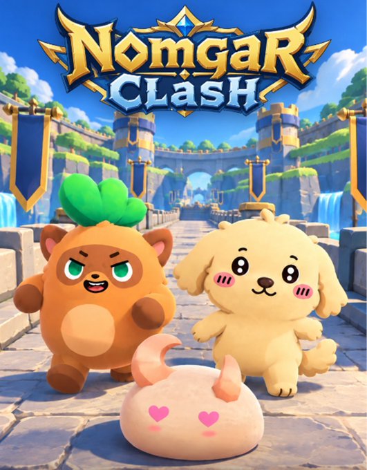 Promotional artwork for the mobile game 'Nomgar Clash' featuring two cute cartoon characters — a brown bear-like creature with green leafy hair and a fluffy yellow dog — standing beside a pink blob creature in front of a fantasy castle.
