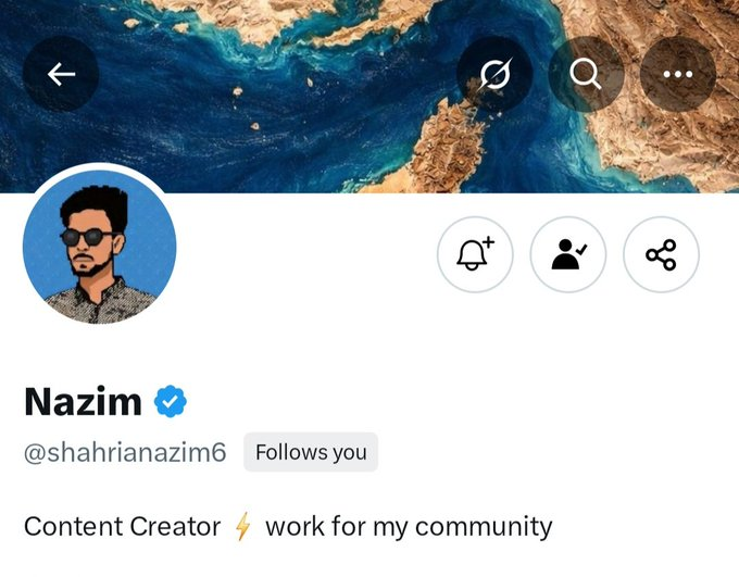 A Twitter/X profile page for 'Nazim (@shahrianazim6)' marked as a verified Content Creator with bio 'work for my community'.