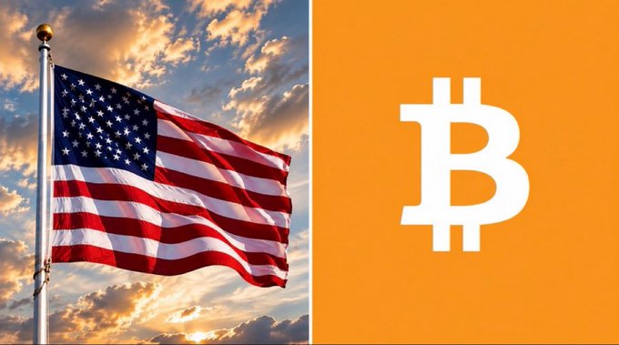A split image with the American flag on the left and the white Bitcoin logo on an orange background on the right.