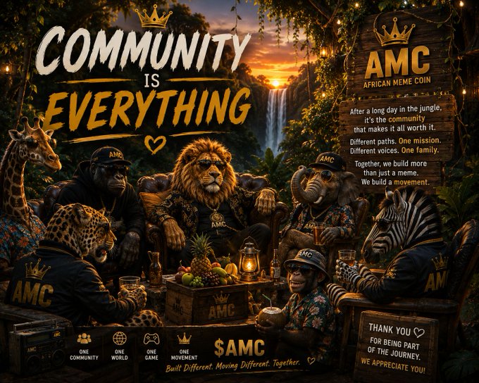 The image features a poster with a group of animals sitting around a table, including a lion, zebra, giraffe, and elephant. The text on the poster reads "Community Is Everything" and includes various logos such as "AMC", "Memecoin", "Solana", and "CryptoCommunity". The animals are depicted in different poses, suggesting they are gathered for an event or gathering.