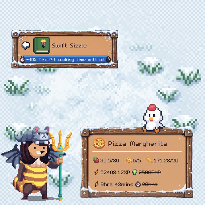 A pixel-art style game screenshot displaying a snowy scene with a bee-costumed character, a chicken, and tooltips for "Swift Sizzle" (Fire Pit upgrade) and "Pizza Margherita" recipe requiring 36.5/30 tomatoes, 6/5 flour, and 171.28/20 cheese.