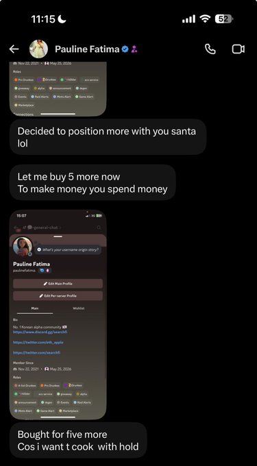 A screenshot of a Discord chat with Pauline Fatima discussing purchasing 5 additional "Drunkees" entries for $200 to upgrade her role, with messages stating "Decided to position more with you santa lol," "Let me buy 5 more now To make money you spend money," and "Bought for five more Cos i want t cook with hold."
