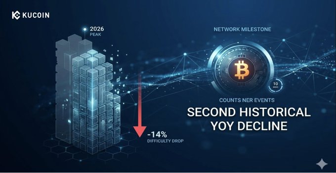 A KuCoin graphic highlights Bitcoin's 2026 mining difficulty dropping 14% from its peak, featuring server tower imagery and a Bitcoin coin labeled "Network Milestone" and "Second Historical YoY Decline," illustrating the rarity of this only second-ever year-over-year decline in Bitcoin's history.