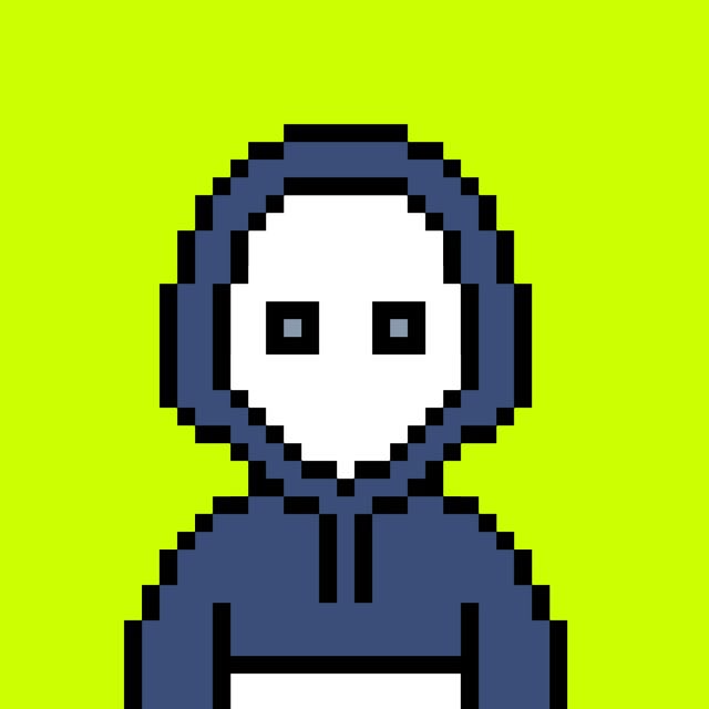 A pixel art character with a white hooded head and dark blue/navy body and arms, set against a bright lime green background.