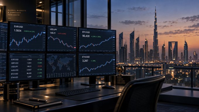 A cinematic view of a trading desk with multiple monitors displaying charts and currency data (EUR/USD, USD/JPY, BTC/USD, ETH/USD) overlooking the city skyline featuring the Burj Khalifa at sunset.