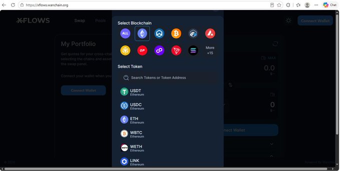 Screenshot of the flows.wanchain.org website showing a "Select Blockchain" and "Select Token" menu with options like USDT, USDC, ETH, WBTC, and WETH.