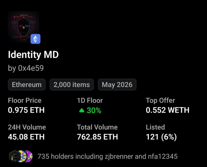 An NFT collection page for 'Identity MD' by 0x4e59 on Ethereum, with a floor price of 0.975 ETH, 2,000 items, and 762.85 ETH total volume.
