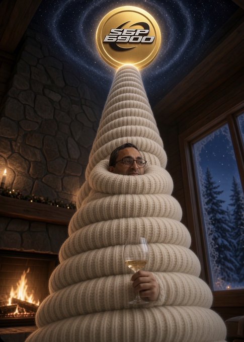A man with glasses is humorously wrapped inside a giant spiral tower of thick rope or yarn inside a cabin at night, holding a wine glass, with 'SSP 2500' logo at the top.