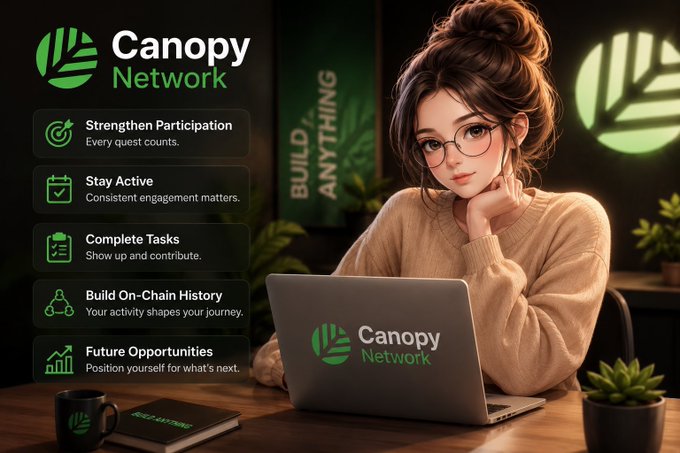 A stylized anime-style illustration of a young woman with glasses and a messy bun sits at her laptop displaying the "Canopy Network" logo, beside a list of key value propositions including "Strengthen Participation," "Stay Active," "Complete Tasks," "Build On-Chain History," and "Future Opportunities." The image visually reinforces the post's message about consistent engagement and contribution on the @CNPYNetwork platform to build a meaningful on-chain history, with the background signage "BUILD ANYTHING" emphasizing the long-term growth theme.