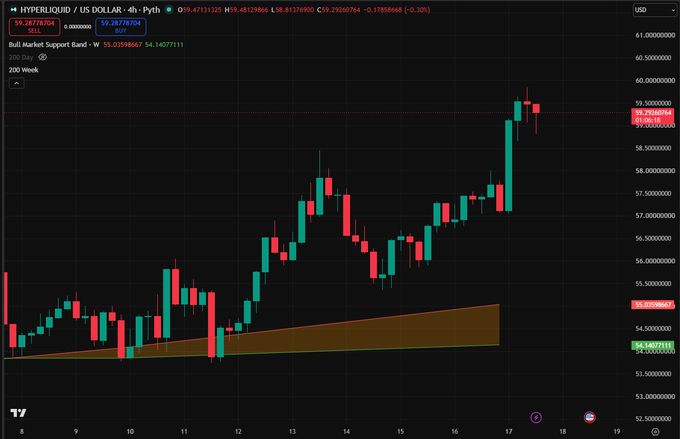 A TradingView chart of HYPERLIQUID / US DOLLAR (4h) showing a 200 Week support band and a price of $59.28778704.
