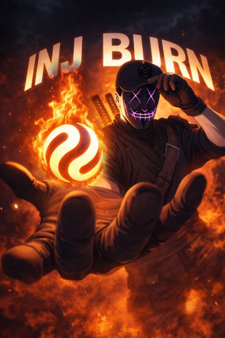 A dramatic fiery promotional image titled 'INJ BURN' featuring a masked figure with neon X eyes holding a glowing flame containing the Injective (INJ) logo, set against a backdrop of swords and flames.