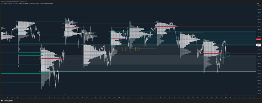 A TradingView chart of ES1! (E-mini S&P 500 futures) on a 30-minute timeframe shows price action with multiple horizontal support and resistance levels marked in red and cyan, alongside volume profile histograms, with the current price highlighted near the upper resistance zone. The chart visually supports the caption's caution about "chasing high here," as price has rallied back into a well-defined resistance area—suggesting risk of a pullback rather than further upside.