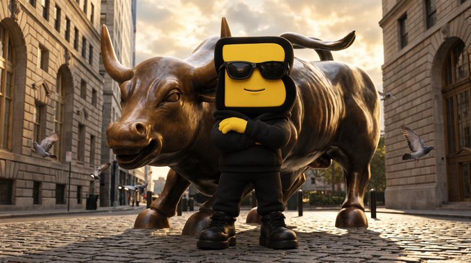 A 3D-rendered character wearing sunglasses and black clothing standing in front of the Wall Street "Charging Bull" statue.