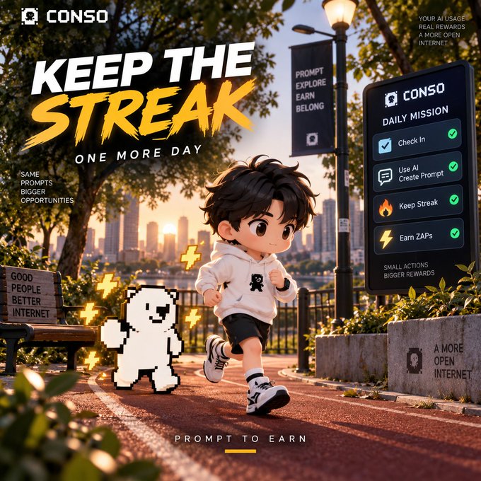 An advertisement for "CONSO" features a 3D cartoon-style boy running on a track alongside a pixelated dog, promoting a "KEEP THE STREAK" daily mission feature that includes options to "Check In", "Use AI Create Prompt", "Keep Streak", and "Earn ZAPs".