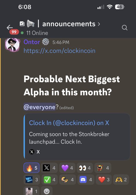 A Discord screenshot from the 'announcements' channel showing a message titled 'Probable Next Biggest Alpha in this month?' by user Ontor linking to https://x.com/clockincoin about 'Clock In (@clockincoin) on X' coming soon to the Stonkbroker launchpad.