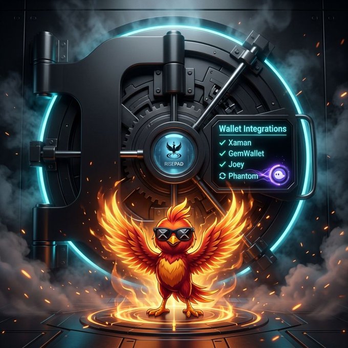 A digital artwork showing a fiery phoenix wearing sunglasses in front of a bank vault, with a 'Wallet Integrations' panel listing Xaman, GemWallet, Joey, and Phantom alongside a 'RISEPAD' logo.