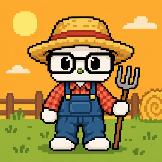 Pixel art of a white cat-like farmer character wearing a straw hat, glasses, red checkered shirt, and blue overalls, holding a pitchfork on a farm background with sun, clouds, hay bale, and wooden fence.
