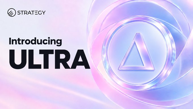 A promotional graphic with a purple and pink iridescent background reading 'STRATEGY Introducing ULTRA' next to a glowing triangle logo.