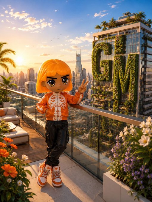 An anime-style illustration of a character with orange hair in a skeleton shirt standing on a balcony, with a building displaying "GM" in greenery in the background.