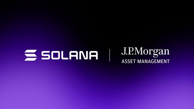 A purple-and-black graphic displaying the white “SOLANA” logo beside “J.P. Morgan ASSET MANAGEMENT.”