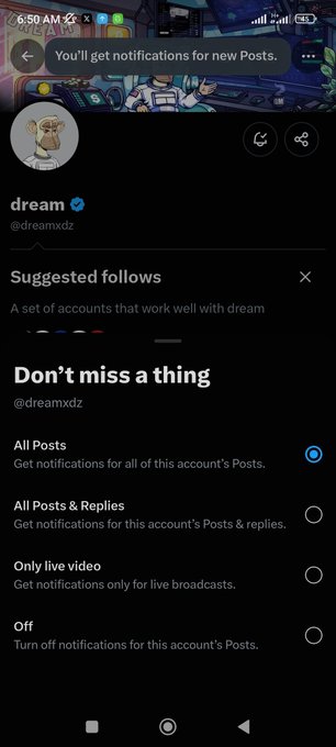 A Twitter/X notification settings page for the verified account 'dream' (@dreamxdz) is shown, with 'All Posts' selected as the notification preference.