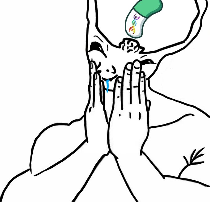 A crude line drawing of a person with a multi-colored tip on their head, squeezing liquid out of their face while their hands are raised in a prayer-like gesture.